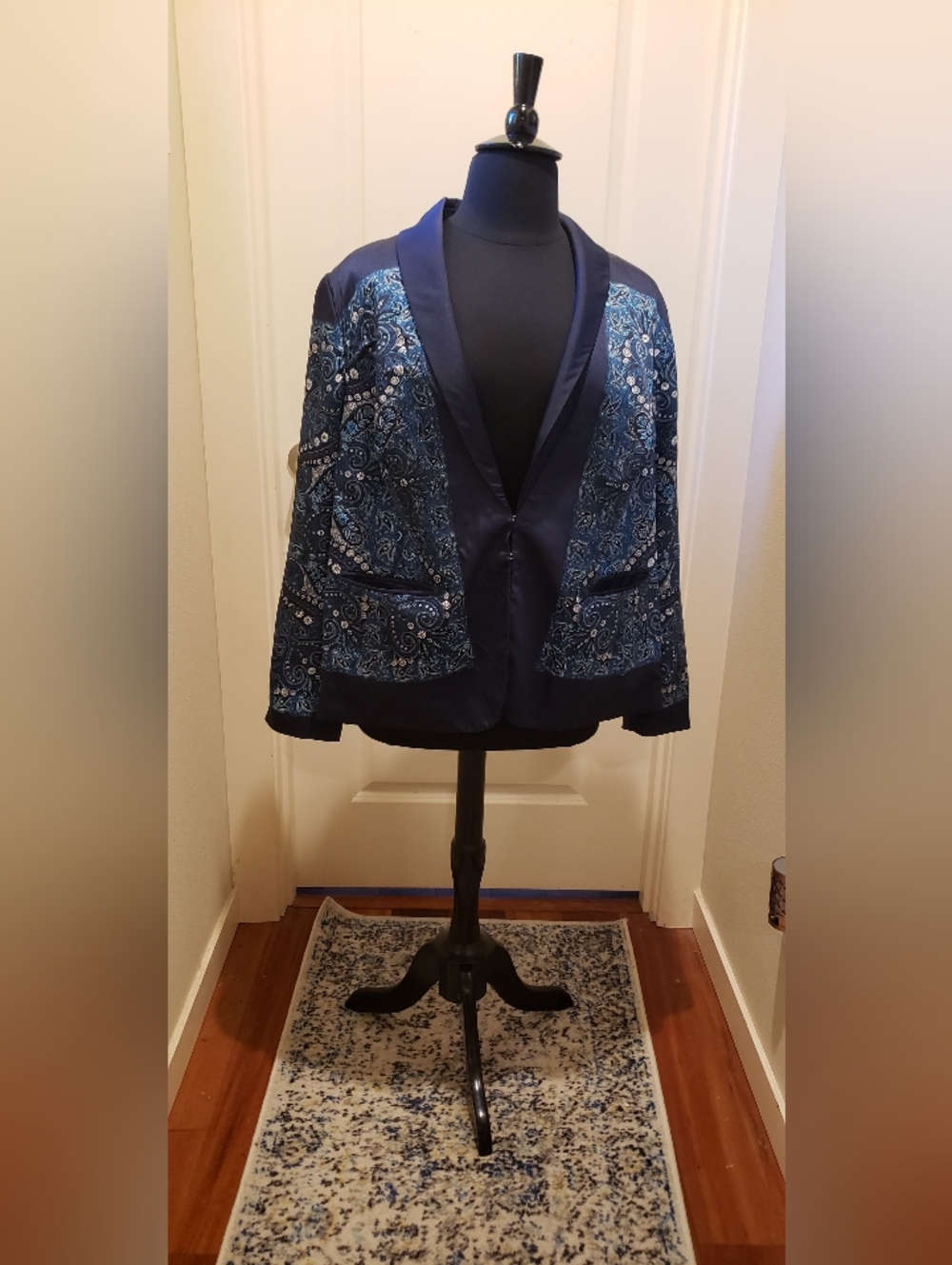INC International Concepts Navy Paisley Panel Womens Satin Blazer